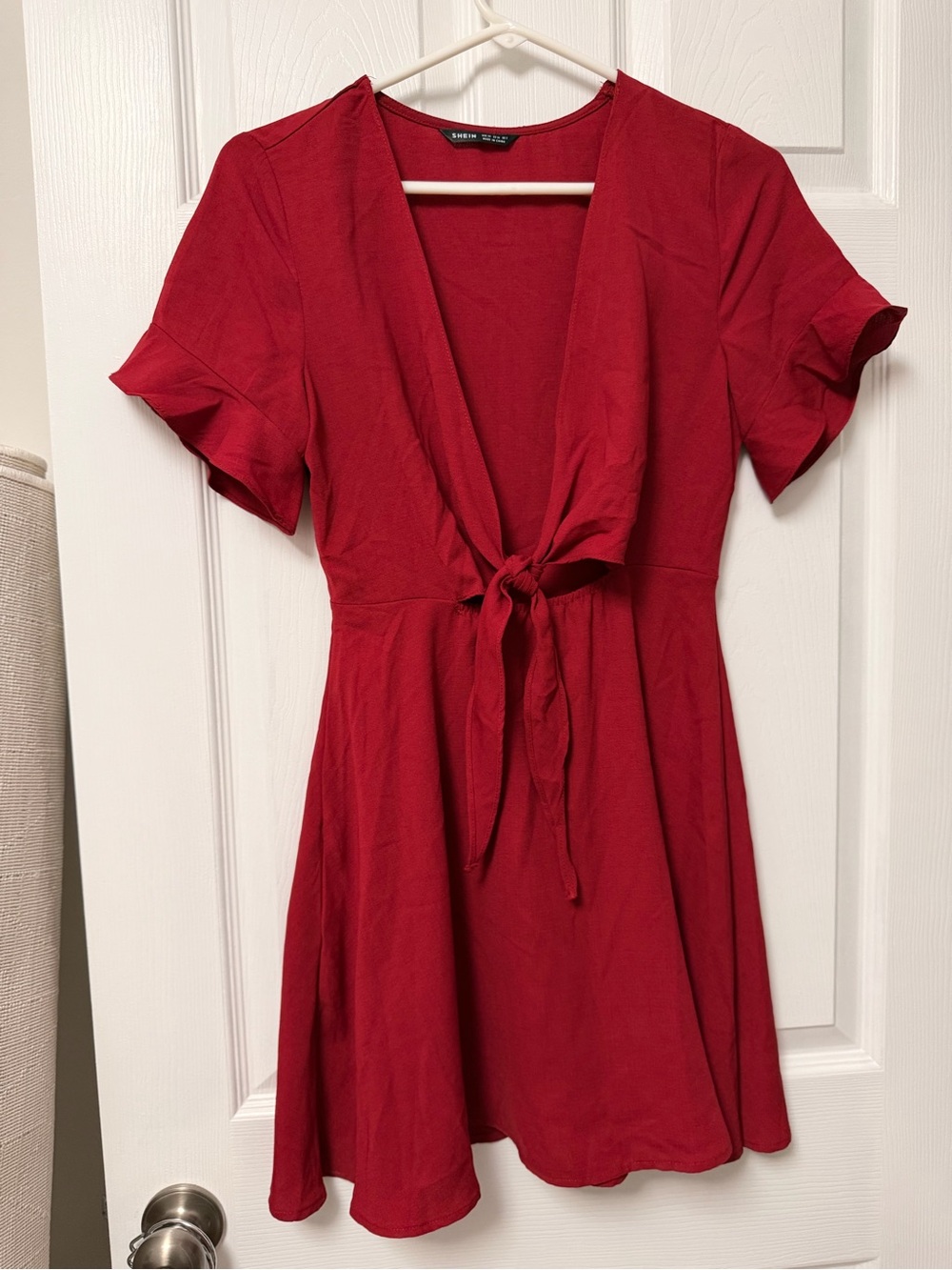SHEIN Red Tie-Front V-Neck Short Dress